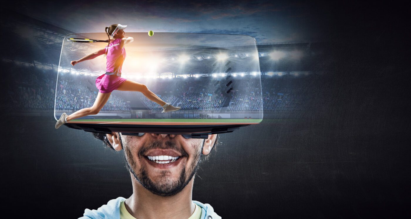 Man in 3D VR glasses travels to virtual world