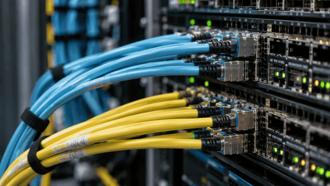 Close-up of blue and yellow network cables connected to redundant network switches, representing resilient IP contribution and diverse signal paths.