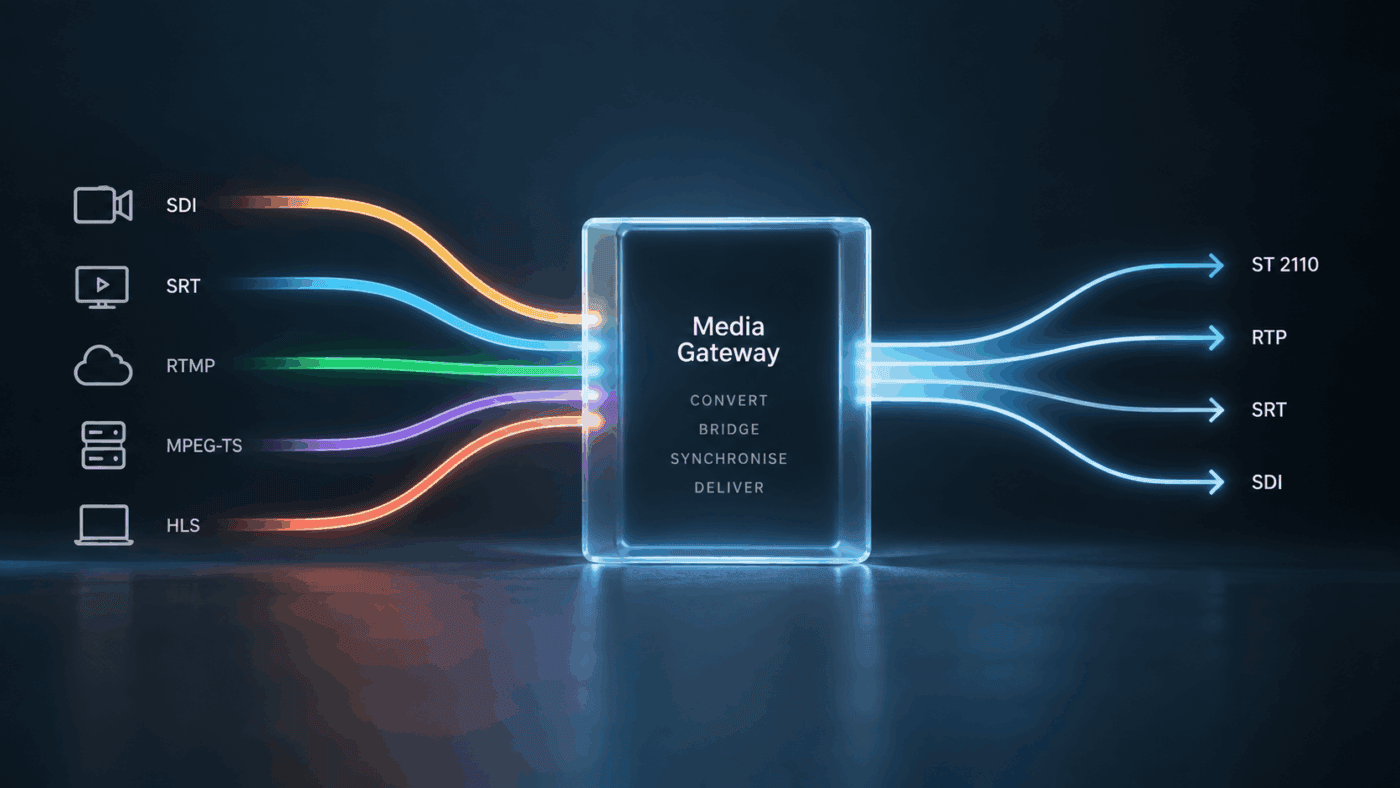 Abstract diagram showing multiple broadcast protocols flowing through a media gateway and emerging as standardized output streams.