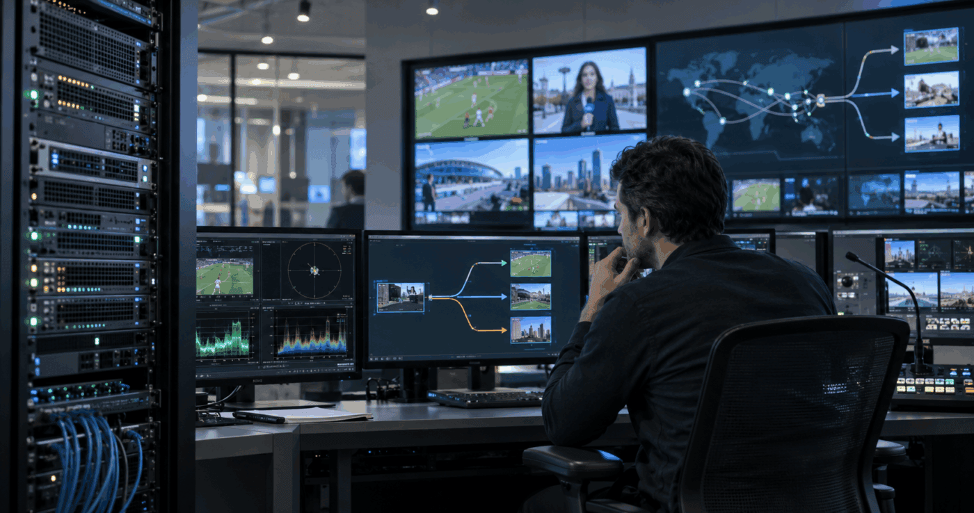 Broadcast engineer monitoring live video transcoding and media processing workflows in a control room