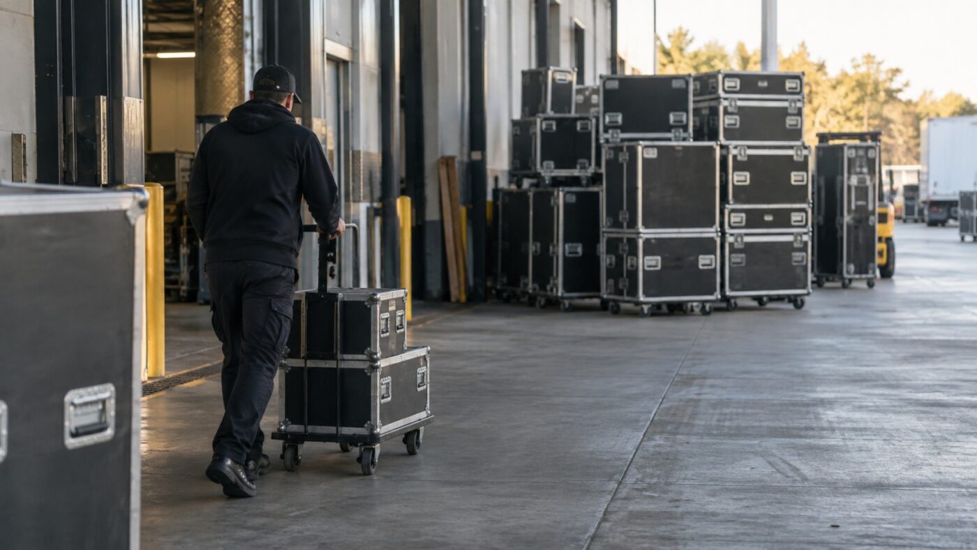 Production technician moving compact flight cases through a venue loading area, with larger stacks of equipment in the background.