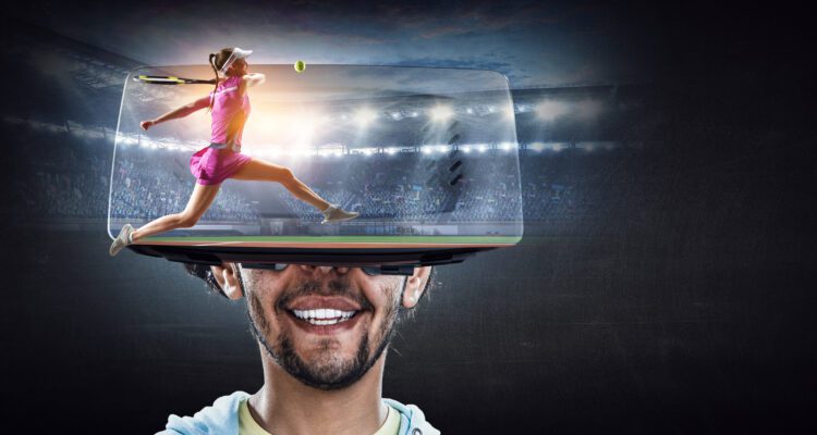O homem em óculos 3D VR viaja para o mundo virtual
